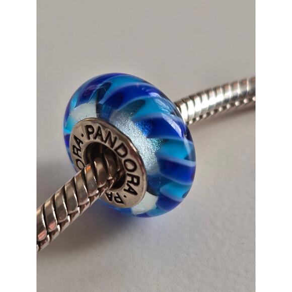 PANDORA Blue Swirl Murano Glass Charm in Sterling Silver 925 - Picture 1 of 4